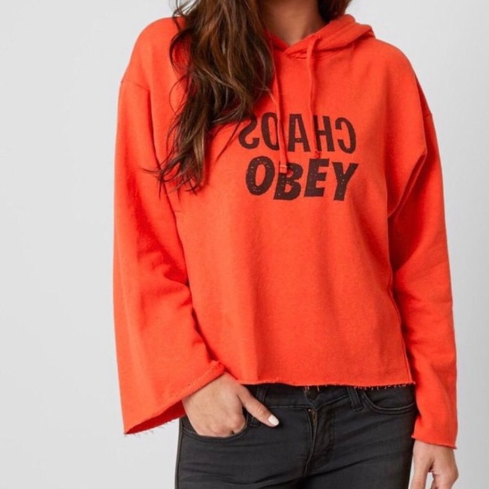 Obey Oversized Long Sleeve Hooded Sweatshirt w/ Raw Hem Orange Medium/Large